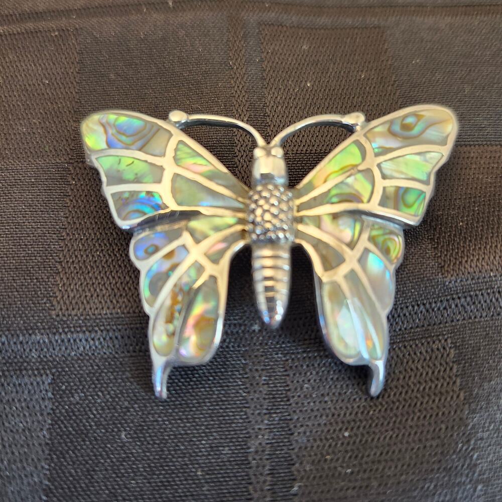 Alpaca Mexico Abalone Shell Butterfly Vintage Brooch/Pin Silver